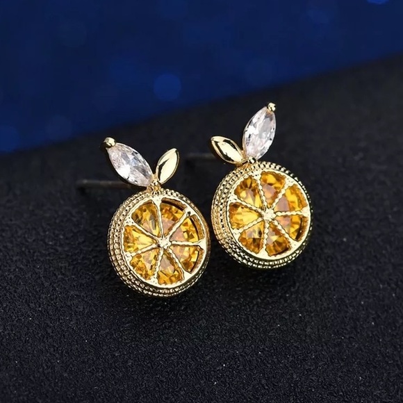 Jeweled Orange Diamond Fruit Gold Stud Minimalist Dainty Luxury Unique Earrings - Picture 8 of 8